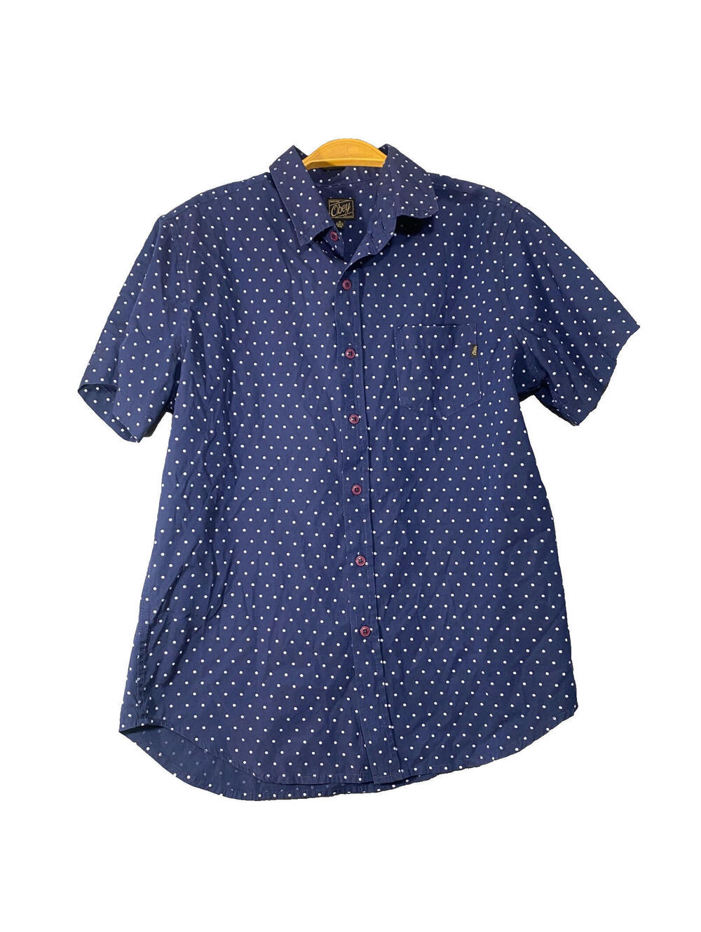 Obey Boys Navy and White Polka Dot Button Up Shirt Size Medium